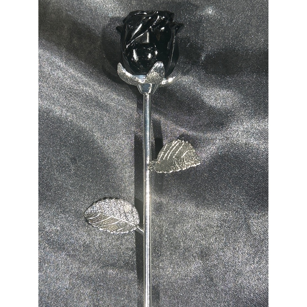 Elegant Obsidian Rose 9 inch Long Stem Silver Tone